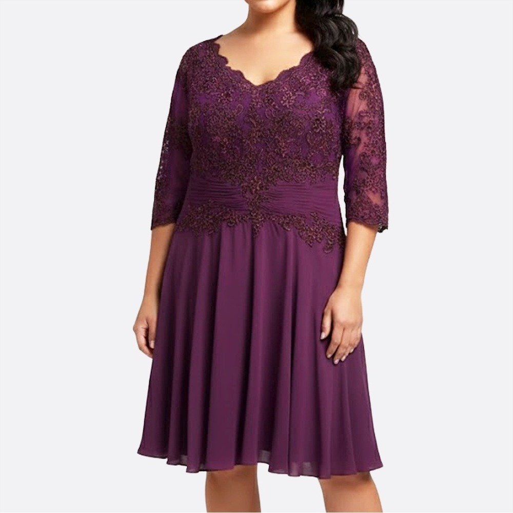 NWT Regal Plum Lace & Chiffon Cocktail‎ Dress Elegant Wedding Guest Midi 0X L